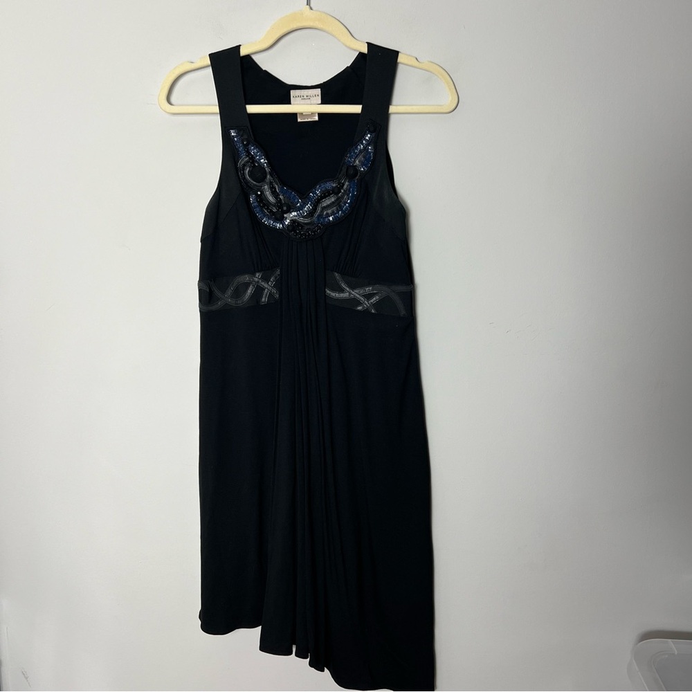Karen Millen Black Sleeveless Dress Grecian Drapey Asymmetrical Embellished 553